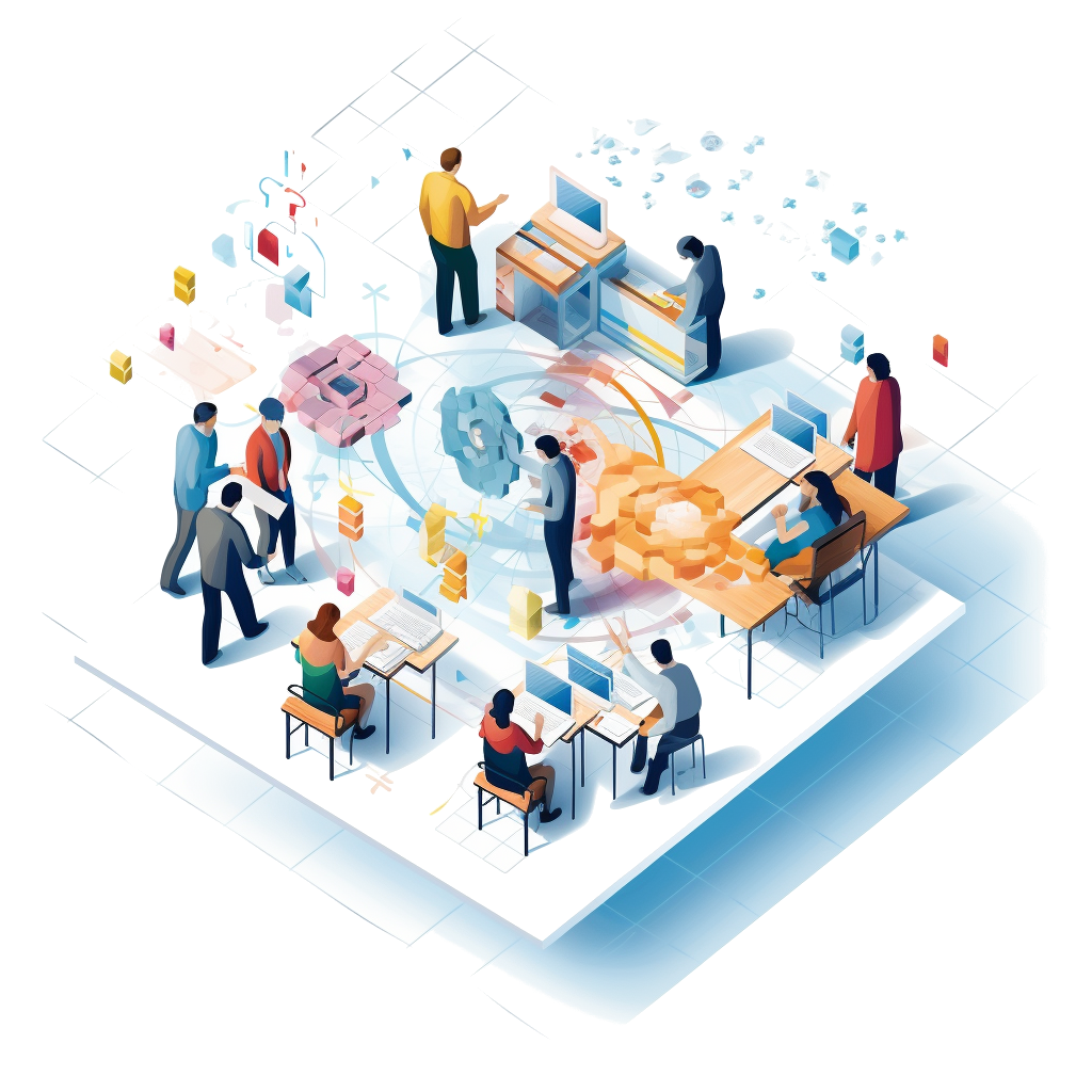 Isometric illustration of scientists and engineers collaborating in a lab, representing the prototype development work of our R&D team at Snyder Technology