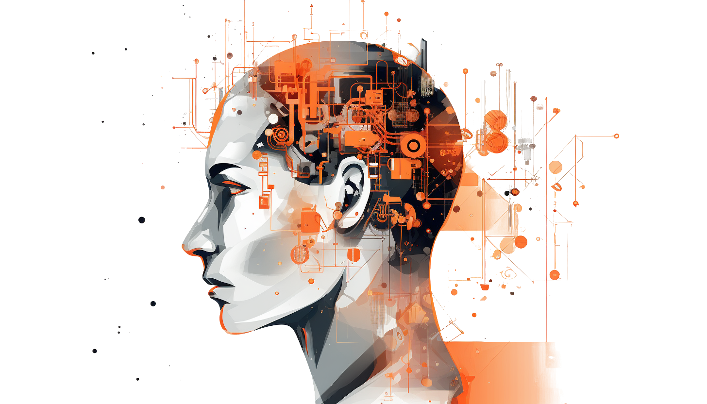 Illustration of a woman's profile with cogs symbolizing mind activity, representing our team's work in AI-driven software development at Snyder Technology LLC.